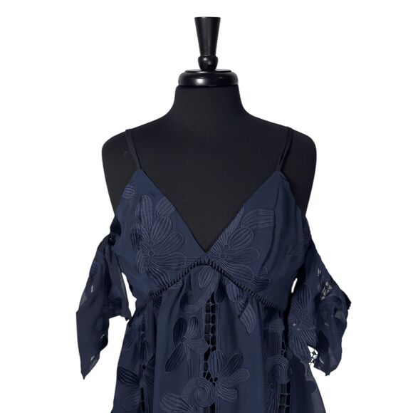 Lovers + Friends Revolve Wishful Dress Navy Blue Floral Embroidered Lace Mini XS - Picture 6 of 8